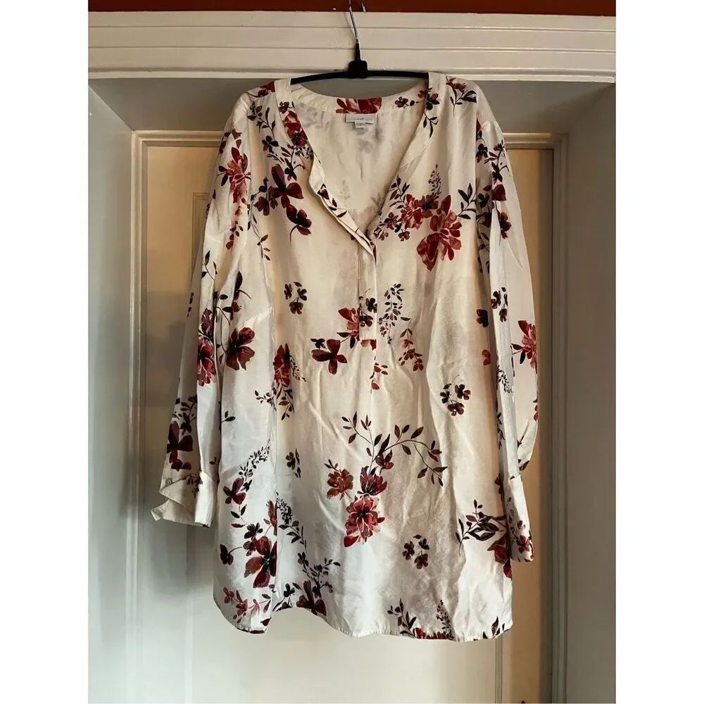 J. Jill White & Burgundy Floral Cuffed Tunic Blouse sz 3X EUC